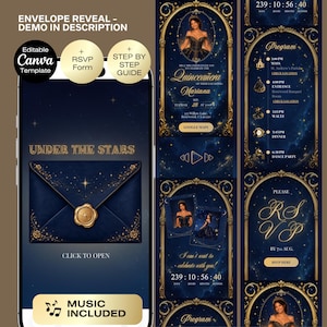 May include: A digital Quinceañera invitation template in navy blue and gold, with the text "Under the Stars." The design includes RSVP and step-by-step guide options. The template features a photo of the Quinceañera and event details, including the date and time.