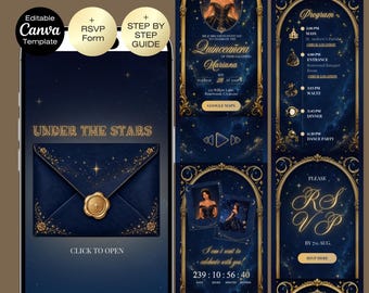 Under the stars Quinceañera Invitation Royal Navy Blue | Elegant Canva Template | Sweet 15 Invite | Gold Elegant Invitation| Sweet 15 16