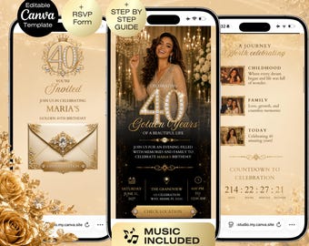 40th Birthday Invitation website with RSVP | Luxury Elegant black gold Birthday invite | Gold Glam Birthday