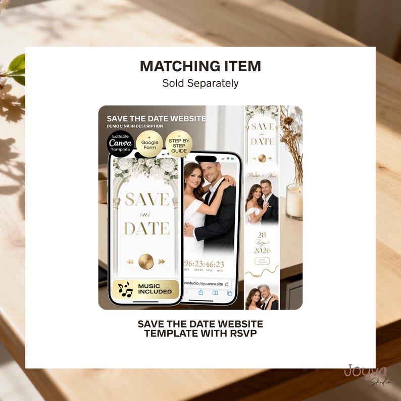 Wedding Invitation Website Canva Template with RSVP | White Gold Wedding Website | Elegant Digital | Minimal White floral Wedding with music image 11