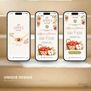 May include: Three smartphones displaying a digital baby shower invitation template with an apple theme. The design features red apples, green leaves, a woven basket, and text reading The Apple of our eye, Alyssa Johnson, and event details.