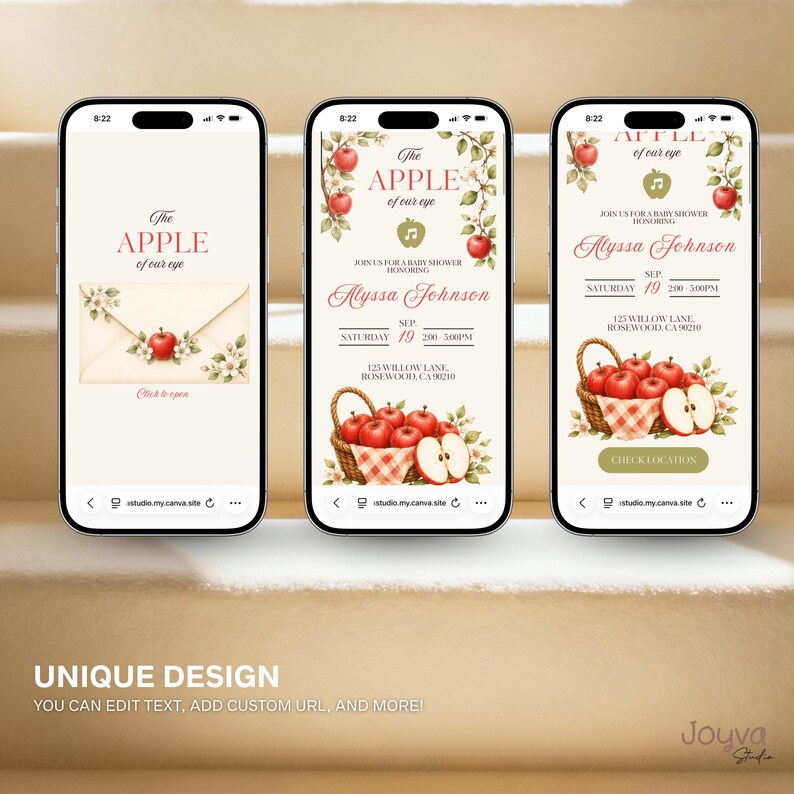 May include: Three smartphones displaying a digital baby shower invitation template with an apple theme. The design features red apples, green leaves, a woven basket, and text reading The Apple of our eye, Alyssa Johnson, and event details.