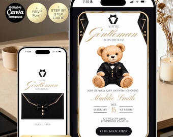 A Little Gentleman Is on the Way Baby Shower Website Template | Tuxedo Preppy Bear Invitation | Editable Canva Website with RSVP & music