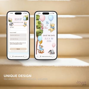 May include: Two smartphones displaying Winnie the Pooh-themed invitations. One shows an RSVP form, the other a "Save the Date" announcement for July 30, 2026. The design includes balloons and characters from the beloved children's story.