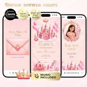 Prinsessfödelsedagsinbjudningswebbplats med OSA | Rosa guld sagolik födelsedagsinbjudan | Four Ever A Princess | Kunglig prinsessfödelsedag