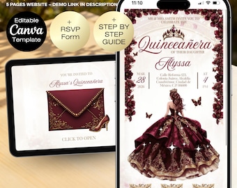 May include: A digital invitation for a Quinceañera, displayed on a tablet and a smartphone. The design features a burgundy and gold color scheme with the text "Quinceañera" and event details. The tablet shows an invitation design with a high heel.