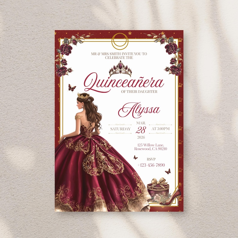 May include: A burgundy Quincea&ntilde;era invitation with gold accents. The invitation features a detailed illustration of a young woman in a ball gown, a crown, and decorative floral elements. The text includes the name "Alyssa" and event details.