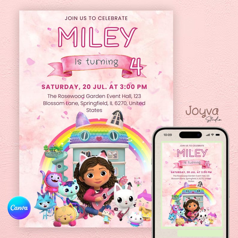 Gabby’s Dollhouse Birthday Invitation | Editable Canva Template | Girl’s Digital Invite ...