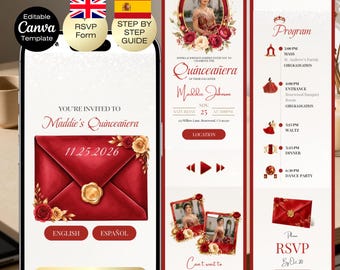Quinceañera Digital Invitation with RSVP | Sweet 16 Website Editable Trackable RSVP & Countdown Birthday English Spanish | Red Gold