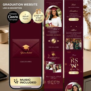 May include: A graduation website design displayed on a smartphone. The design features a burgundy and gold color scheme, with text that reads "Graduation Website" and "You're Invited." The design includes a graduation party invitation.