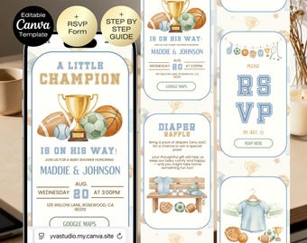 Sports baby shower invitation website with RSVP tracker | Editable Oh Boy All Star Theme | Baseball Basketball Baby Shower | Little MVP