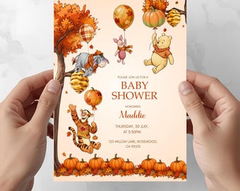 Winnie Pooh Baby Shower Invitation 5x7 | Fall Baby Shower | Baby Shower Invitation Theme | Autumn Pumpkin | Bear Baby shower