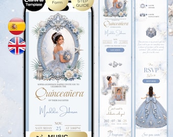 Quinceañera Dusty blue Coastal Invitation with RSVP | Tropical Sweet 16 Website Editable Trackable RSVP | Summer Mis Quince English Spanish