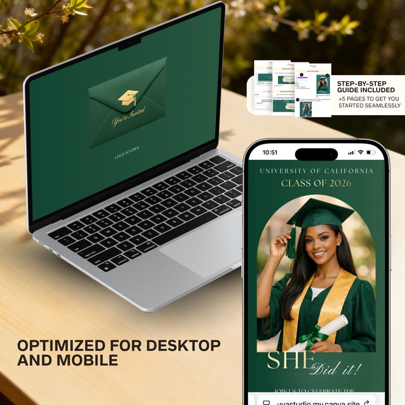 Graduation Invitation Website | Class of 2026 Graduation party | Graduation Invite with RSVP | Green gold Grad 2026 | He She did it image 5