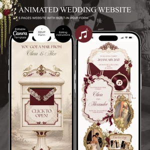 May include: An animated wedding website Canva template displayed on two smartphones. The design features a vintage mailbox with the text 'YOU GOT A MAIL FROM Olivia & Alex' and 'CLICK TO OPEN!', alongside wedding details, photos, and music icons.