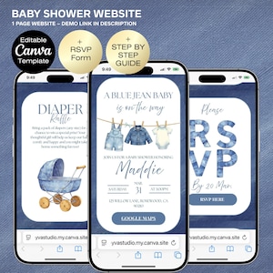 May include: Three smartphones displaying a baby shower website design. The theme is denim, with text and graphics related to a baby shower. The website includes RSVP information, a diaper raffle, and a baby clothes graphic.