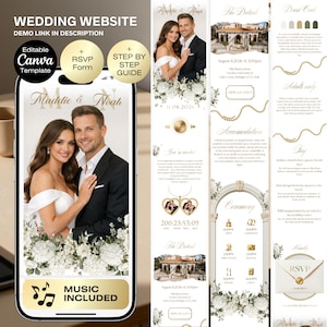 May include: A wedding website template displayed on a smartphone, featuring a photo of a couple and floral accents. The design includes RSVP and step-by-step guide buttons, with the text "Maddie & Noah" and "Music Included". The website details the wedding date and location.