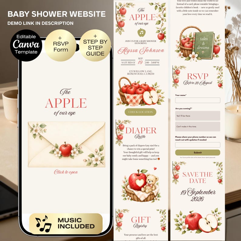 May include: A digital baby shower website template featuring an apple theme with watercolour illustrations of red apples, baskets, and a teddy bear. The layout includes sections for event details, an RSVP form, a diaper raffle, and a gift registry.