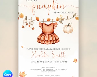 Faire-part de baby shower petite citrouille, vêtements de bébé Invitation baby shower de citrouille, baby shower automne, baby shower de fille, petite citrouille, toile