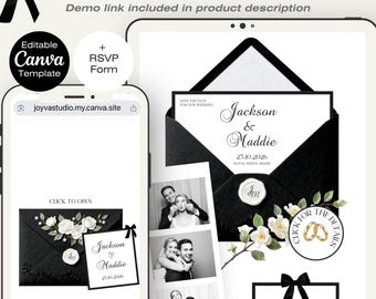 Floral Wedding Template - Digital Website Editable Rsvp Black White And Green Invitation Canva Template