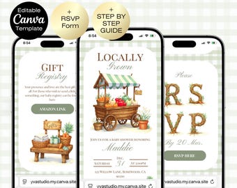 Site Web d'invitation pour baby shower cultivé localement avec RSVP | Invitation baby shower à la ferme | Baby Shower sans distinction de sexe | Fête prénatale du marché fermier