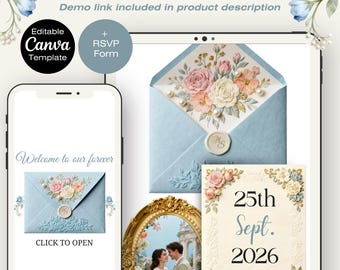 Plantilla de boda azul claro - Plantilla de Canva para invitación de RSVP con hortensias, editable y con diseño floral para sitio web