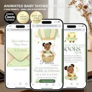 May include: Animated baby shower invitation on three smartphones. The design includes a baby princess in a hot air balloon, event details, and the text "Books For baby". Features a Canva template and RSVP form.