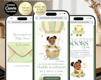 May include: Animated baby shower invitation displayed on three smartphones. The invitation features a hot air balloon with a baby princess, event details, and the text "Books For baby". Includes Canva template and RSVP form.