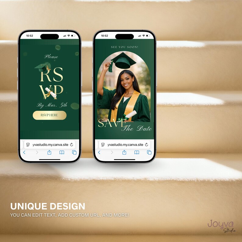 May include: Two smartphones displaying graduation announcements. One reads "Please RSVP by Mar. 5th" with a gold button. The other says "See you soon! Save the Date" with a photo of a graduate in a green gown. The background is a staircase.
