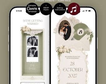 Ivory Sage green Save The Date Website Canva Template with RSVP | Music + RSVP Wedding invitation | Photo booth wedding website template