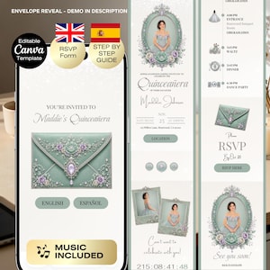 Könnte beinhalten: Eine digitale Einladungsvorlage für eine Quinceañera mit einem mintgrünen Umschlagdesign, verziert mit floralen und juwelenartigen Details. Die Einladung enthält Veranstaltungsdetails, RSVP-Informationen und den Text "Maddie's Quinceañera".