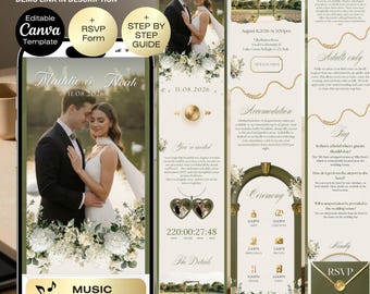 Wedding Invitation Website Canva Template with RSVP | Olive green Wedding Website | Sage green Wedding Old money theme with music | Vintage