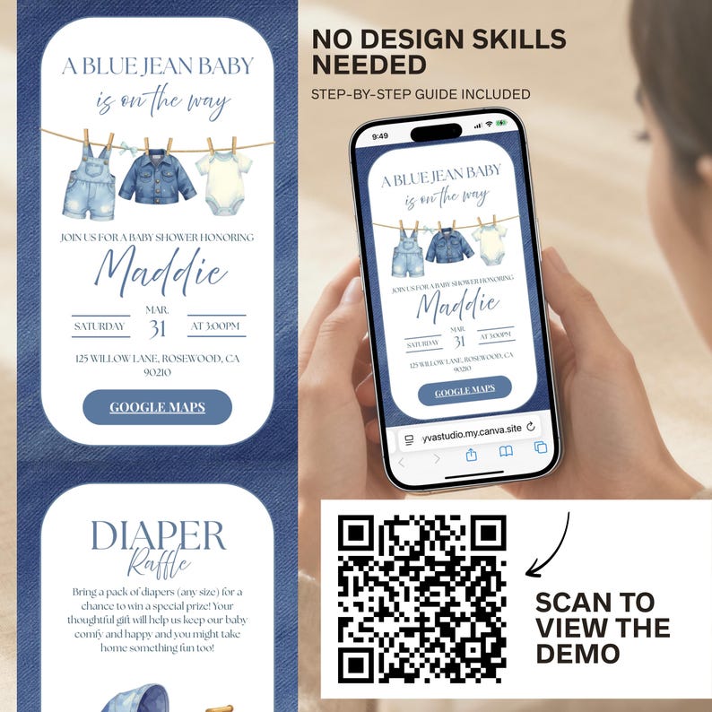 May include: Baby shower invitation with a denim theme. The invitation features illustrations of denim overalls, a jacket, and a onesie hanging on a clothesline. The invitation includes the text "A Blue Jean Baby is on the Way" and details for the event.