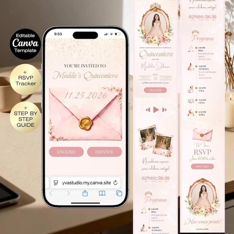 May include: A smartphone screen shows a pink Quincea&ntilde;era invitation template. The design features an envelope graphic with a gold seal, floral accents, and the text "You're Invited to Maddie's Quincea&ntilde;era 11.25.2026". Additional panels display event details.