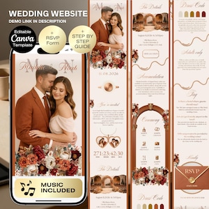 Wedding Invitation Website Canva Template with RSVP | Burnt orange fall Wedding Website | Elegant Digital Autumn floral Wedding with music