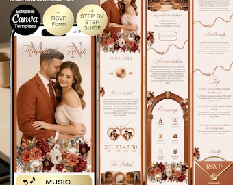 Wedding Invitation Website Canva Template with RSVP | Burnt orange fall Wedding Website | Elegant Digital Autumn floral Wedding with music