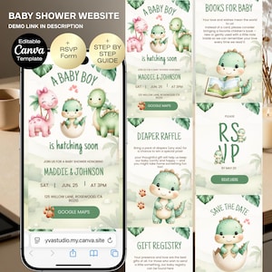 Dinosaur Baby Shower Invitation website with RSVP Tracker | A little Dino Baby Shower Invite | Digital Baby Shower Baby Boy Hatching soon image 1