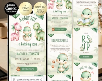 Dinosaur Baby Shower Invitation website with RSVP Tracker | A little Dino Baby Shower Invite | Digital Baby Shower Baby Boy Hatching soon