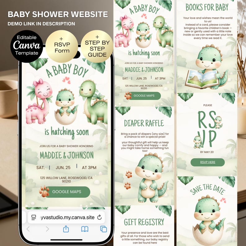 Dinosaur Baby Shower Invitation website with RSVP Tracker | A little Dino Baby Shower Invite | Digital Baby Shower Baby Boy Hatching soon image 1