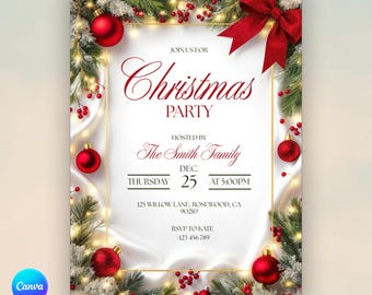 Op de afbeelding: Kerstfeest uitnodiging met een rode strik, ballen en groen. De uitnodiging bevat de tekst "Christmas Party" en details van het evenement georganiseerd door The Smith Family op 25 december om 17:00 uur.