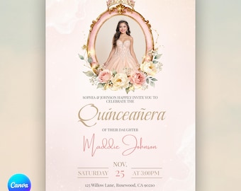写真付きキンセアニェーラ デジタル招待状 | ピンクのスイート16キンセ招待状（編集・追跡可能）、15歳の誕生日オンライン招待状Canvaテンプレート