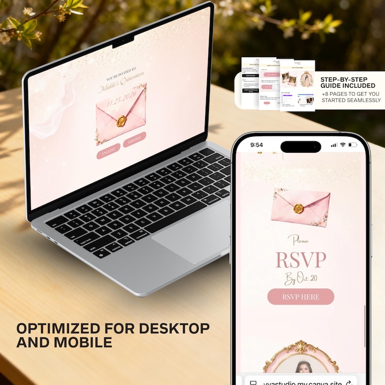 May include: A laptop and smartphone show a wedding invitation design with a pink envelope graphic. The laptop displays the text "You're Invited" and the date. The phone displays "RSVP" and "RSVP HERE". The image includes the text "OPTIMIZED FOR DESKTOP AND MOBILE".