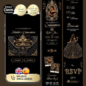 May include: A digital Quinceañera invitation template featuring a black and gold masquerade theme. The design includes a gold mask, ornate frames, a countdown timer, an RSVP section, and text fields for event details like date, time, and location.