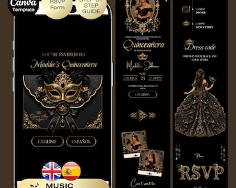 Quinceañera Masquerade Invitation with RSVP | Masquerade Birthday Website Editable Trackable RSVP | Black Gold Quince English Spanish