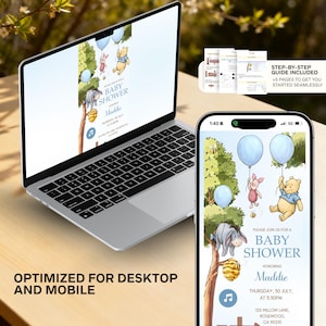 May include: A laptop and smartphone display a baby shower invitation featuring Winnie the Pooh characters. The invitation includes the text "Baby Shower" and event details. The image is optimized for desktop and mobile use.