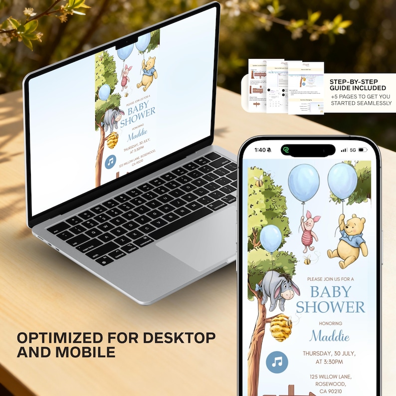 May include: A laptop and smartphone display a baby shower invitation featuring Winnie the Pooh characters. The invitation includes the text "Baby Shower" and event details. The image is optimized for desktop and mobile use.