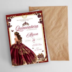 May include: A quincea&ntilde;era invitation with a burgundy and gold design. The invitation features the text "Quincea&ntilde;era of their daughter Alyssa" and event details. An envelope is included. The design includes floral and butterfly accents.
