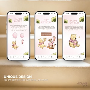 May include: Three smartphones showing baby shower designs. The first screen reads "Diaper Raffle" with Winnie the Pooh and Piglet. The second screen says "Gift Registry" with Winnie the Pooh and Tigger. The third screen says "Books for Baby" with Winnie the Pooh.