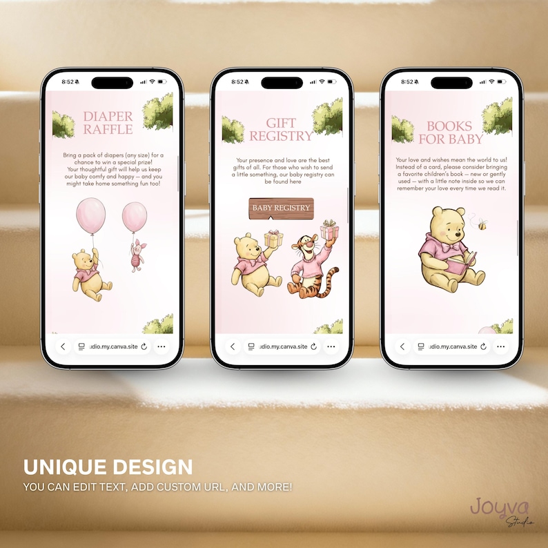 May include: Three smartphones showing baby shower designs. The first screen reads "Diaper Raffle" with Winnie the Pooh and Piglet. The second screen says "Gift Registry" with Winnie the Pooh and Tigger. The third screen says "Books for Baby" with Winnie the Pooh.