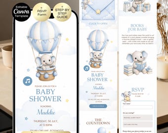 Little Peanut Baby Shower Website Invitation | Blue Elephant Baby Shower | Editable Canva Baby Shower Website with RSVP